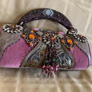 MARY FRANCES PINK SUEDE & GUNMETAL LEATHER HANDBAG